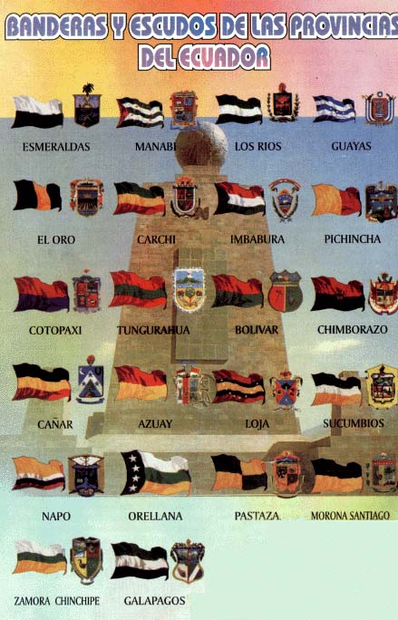 Banderas de las provincias del Ecuador. De fondo, el Monumento de la Mitad del Mundo. Ubicado en Quito Ecuador. Exactamente en San Antonio de Pichincha