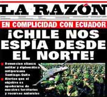 Portada del la Noticia peruana. Los peruanos paranoicos dicen que Chile les esp&iacute;a desde el Norte